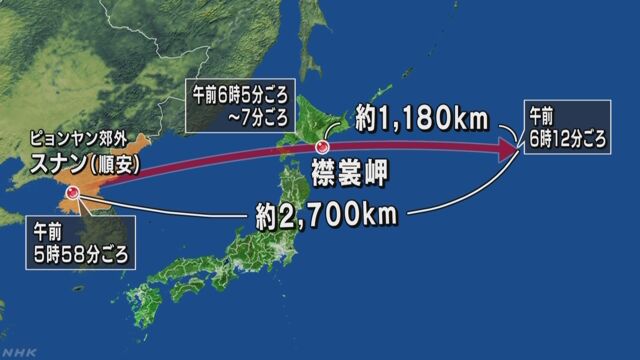 北朝鮮がミサイルを発射 北海道の上を通った