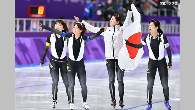 3人で滑るスピードスケートの女子団体で日本が金メダル