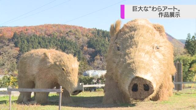 群馬県 わらで大きな「いのしし」などを作る